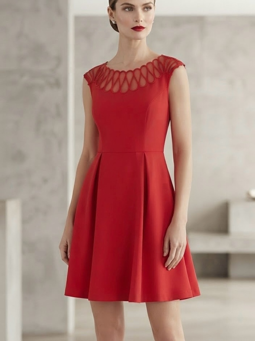 Givenchy Designer Red Cocktail Dress Cutout Neck Fit & Flare SizeS